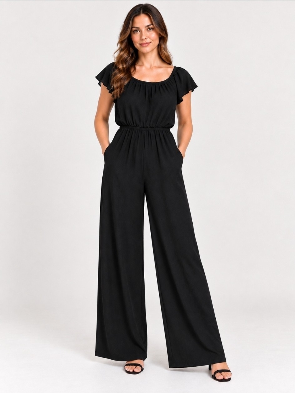 DKNY Black Flutter Sleeve Jumpsuit 6 Wide Leg Elegant Minimalist Elastic Waist